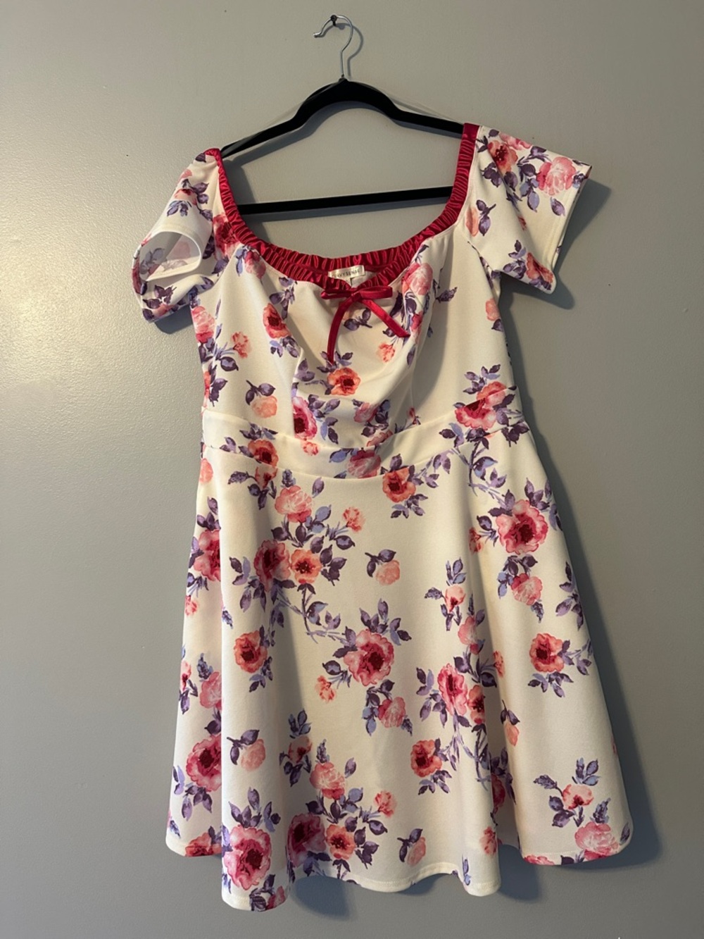 Floral Off-Shoulder Mini Dress in Cream with Pink & Purple Bloom